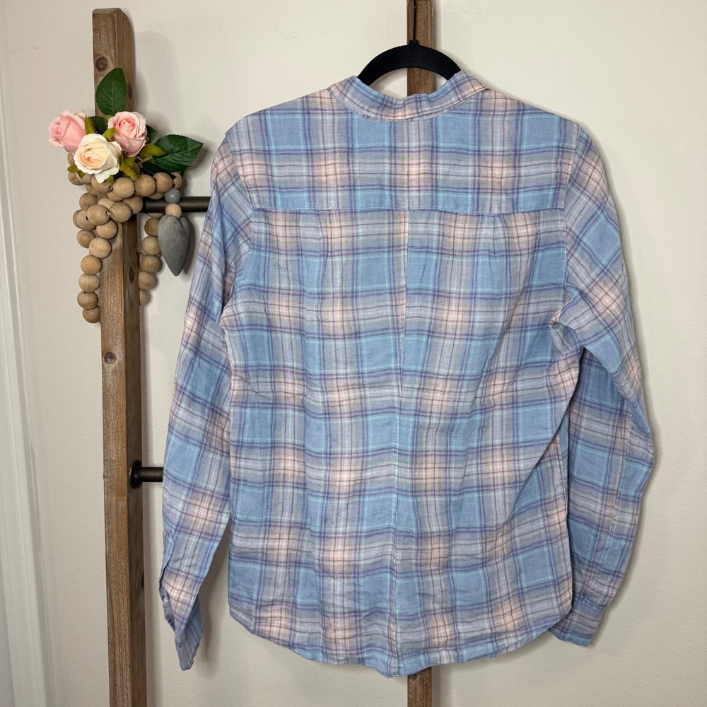 Frank and Eileen Plaid Linen Button Up Shirt Womens Size Large Blue Pink - Picture 5 of 11